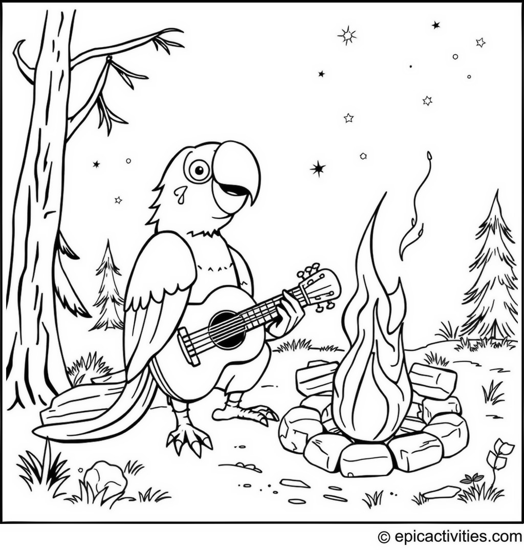 Coloring page of a Cartoon Parrot Playing a Guitar by the Campfire