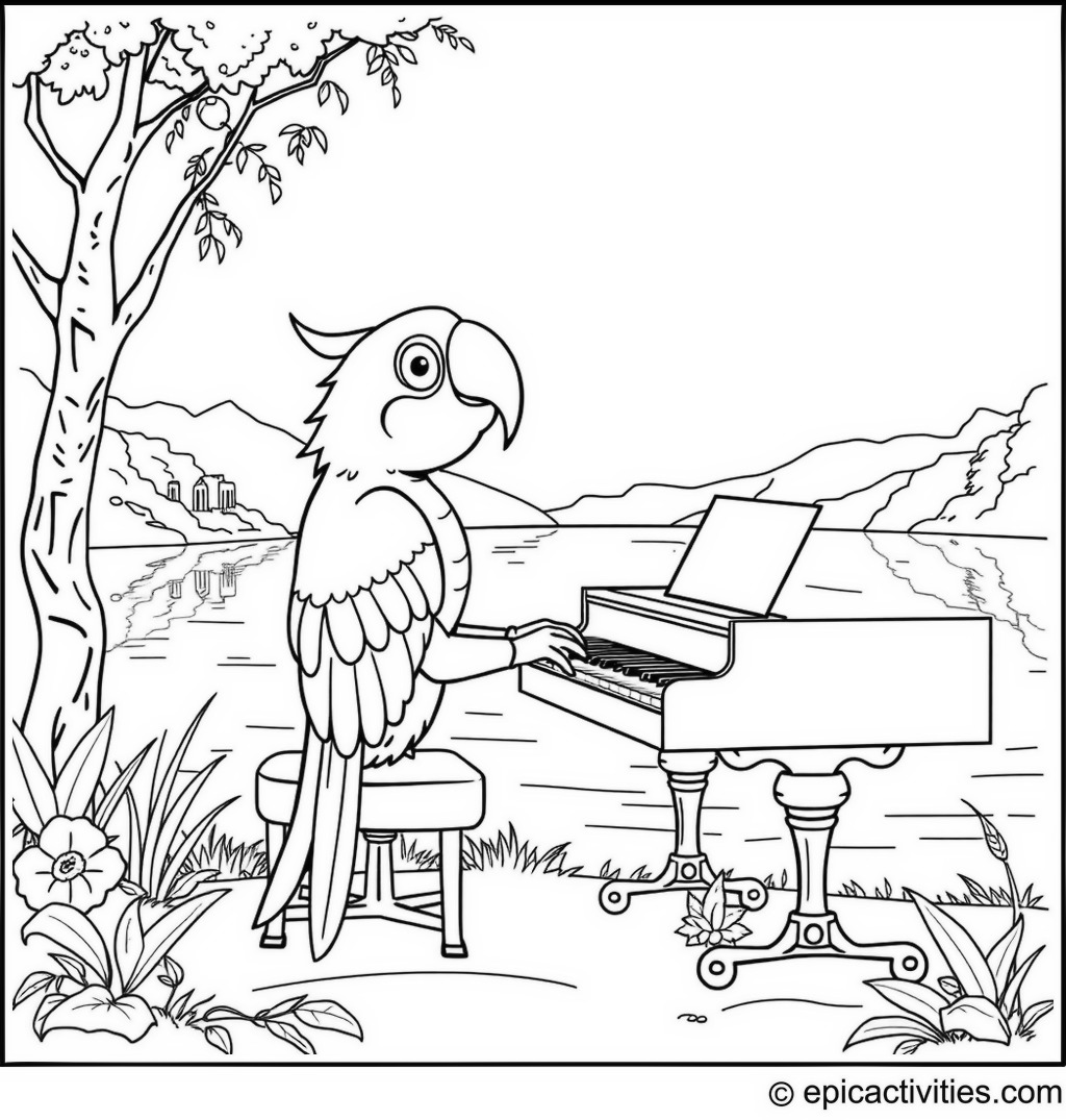 Coloring page of a Cartoon Parrot Playing a Piano by a Lakeside