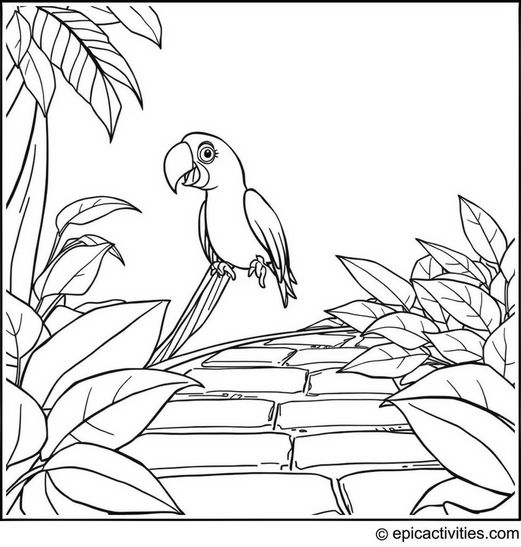 Coloring page of a Cartoon Parrot Playing Hopscotch on Giant Leaves Path