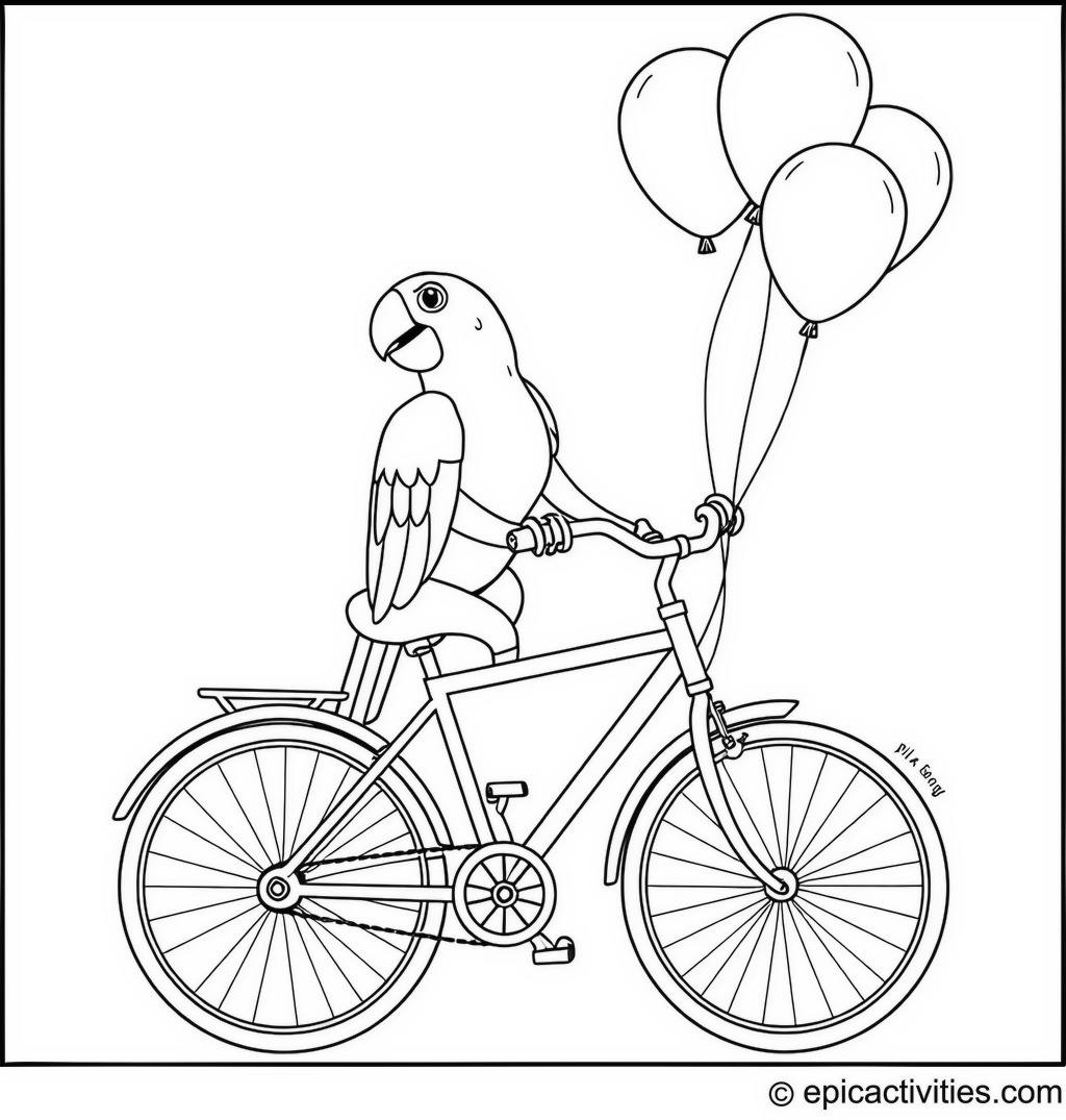 Coloring page of a Cartoon Parrot Riding a Bicycle with Balloons