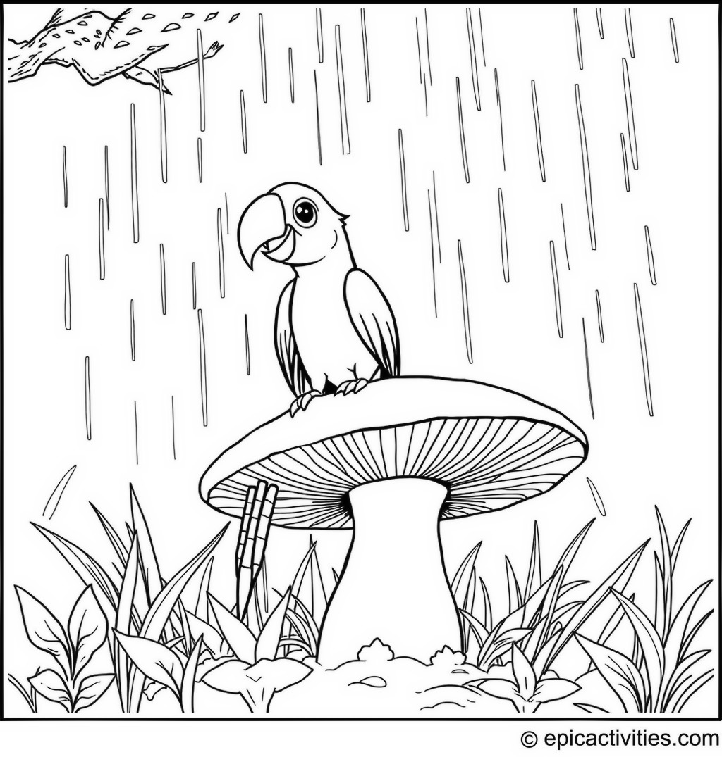 Coloring page of a Cartoon Parrot Sitting on a Giant Mushroom in the Rain
