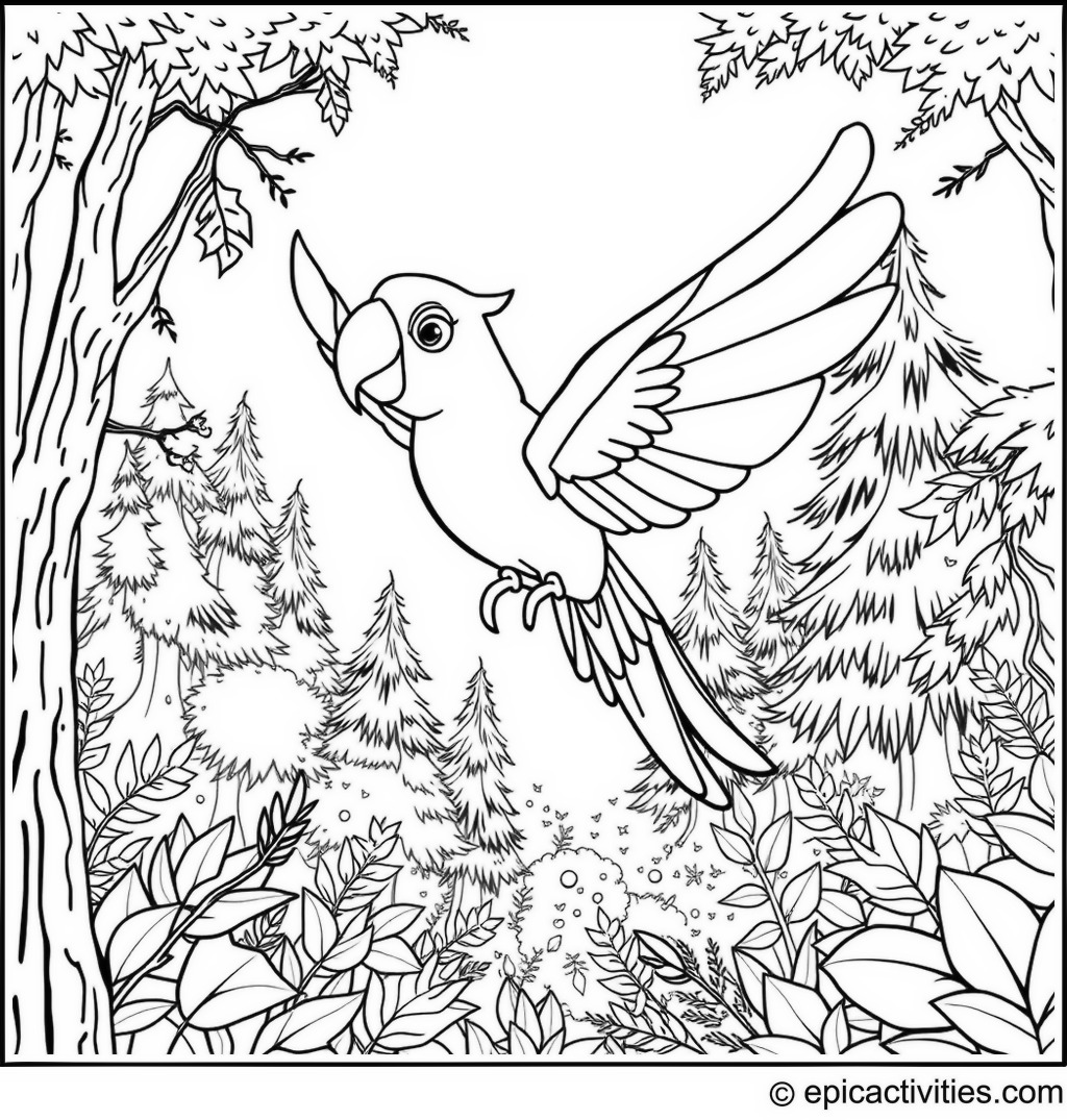 Coloring page of a Cartoon Parrot Soaring Through an Enchanted Forest with Fairy Wings