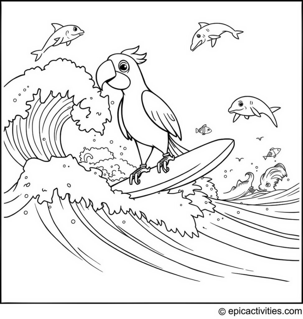 Coloring page of a Cartoon Parrot Surfing on a Wave with Dolphins and Fish