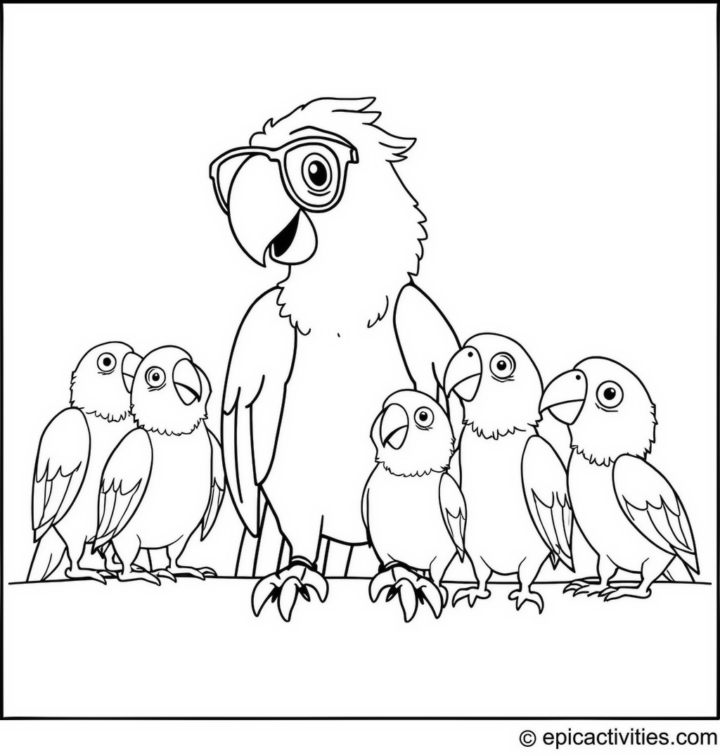 Coloring page of a Cartoon Parrot Teaching Baby Parrots with Glasses