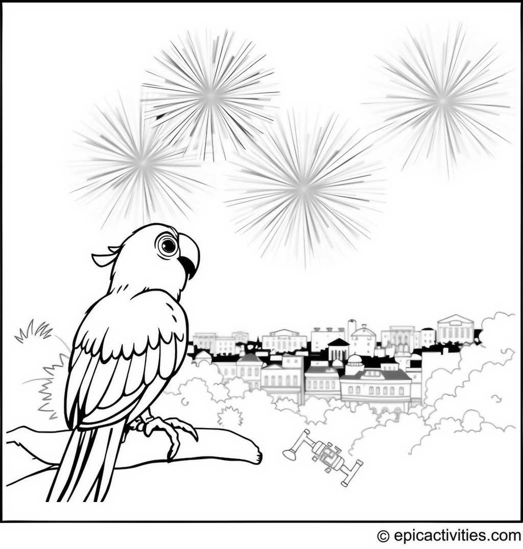 Coloring page of a Cartoon Parrot Watching Fireworks in the Night Sky