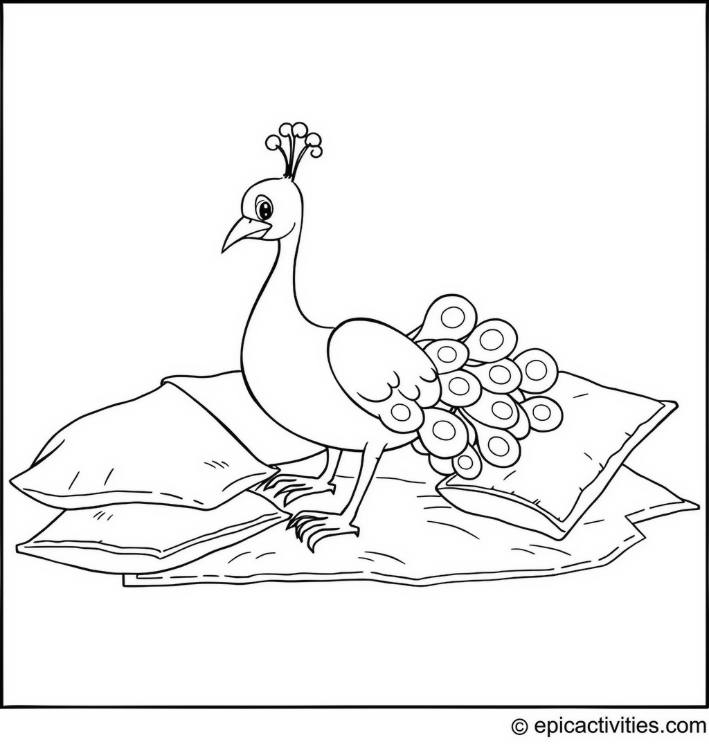 Coloring page of a Cartoon Peacock Building a Pillow Fort
