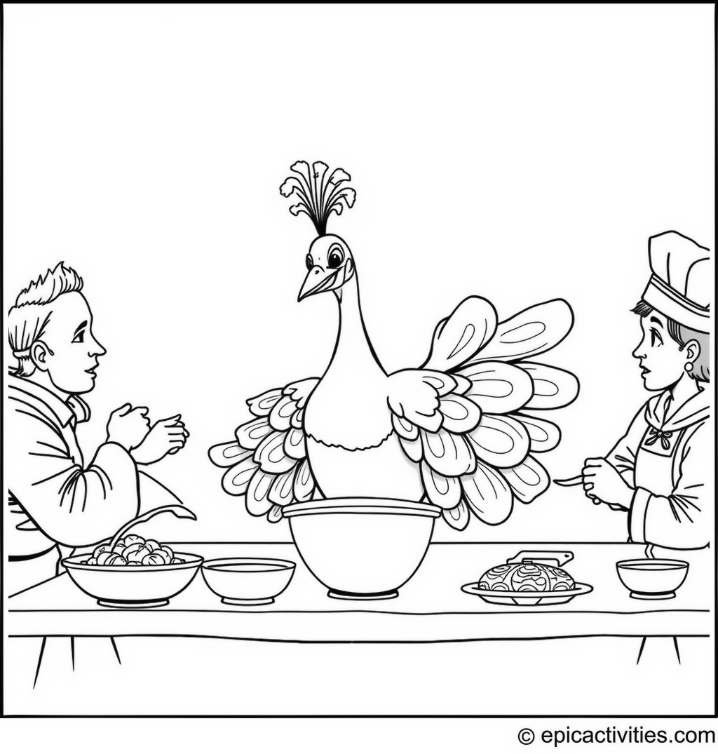 Coloring page of a Cartoon Peacock Cooking Competition