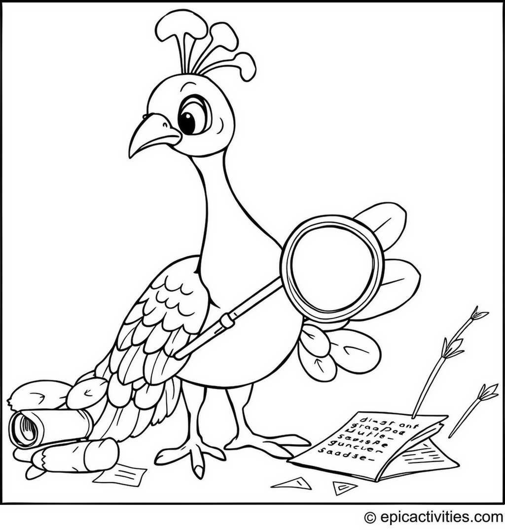 Coloring page of a Cartoon Peacock Detective Solving a Mystery