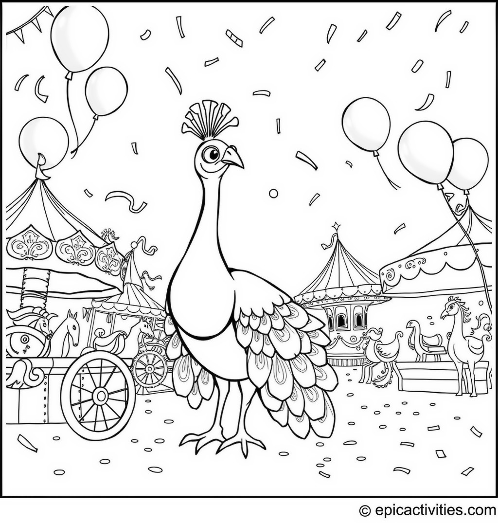 Coloring page of a Cartoon Peacock Enjoying a Vibrant Carnival