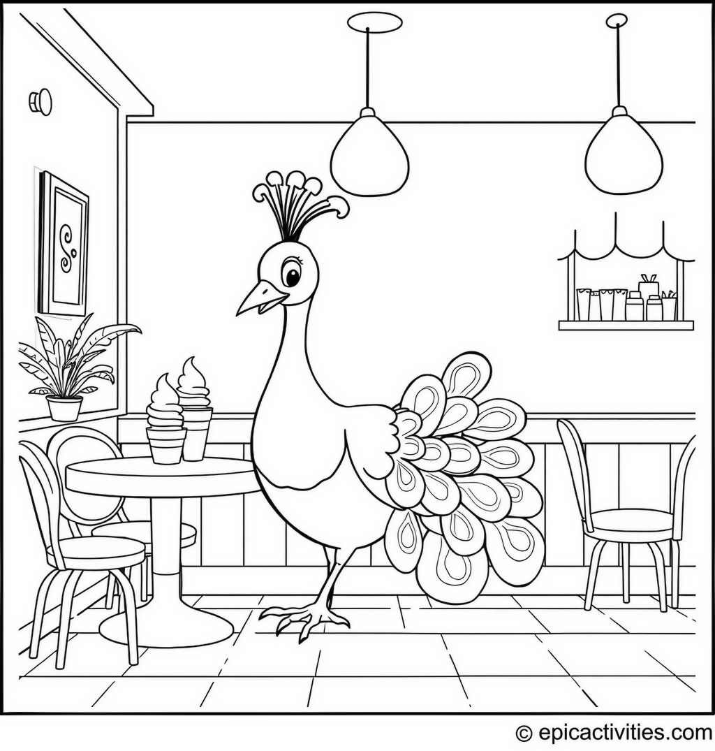 Coloring page of a Cartoon Peacock Enjoying Ice Cream in a Simple Parlor