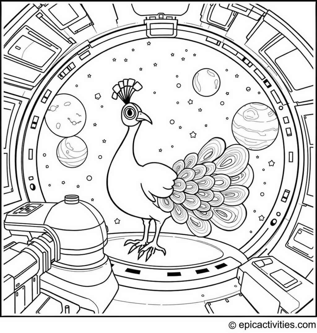Coloring page of a Cartoon Peacock Exploring a Space Station