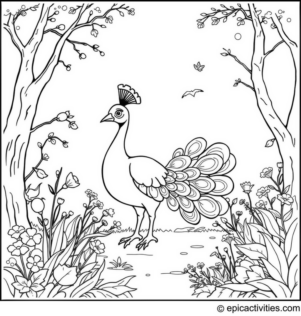 Coloring page of a Cartoon Peacock Exploring an Enchanted Forest with Fairies