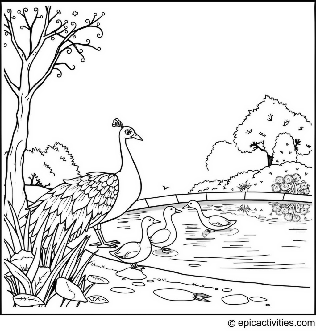 Coloring page of a Cartoon Peacock Feeding Ducks in a Pond