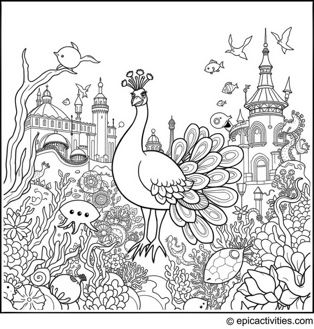 Coloring page of a Cartoon Peacock in an Underwater City with Mermaids and Sea Creatures