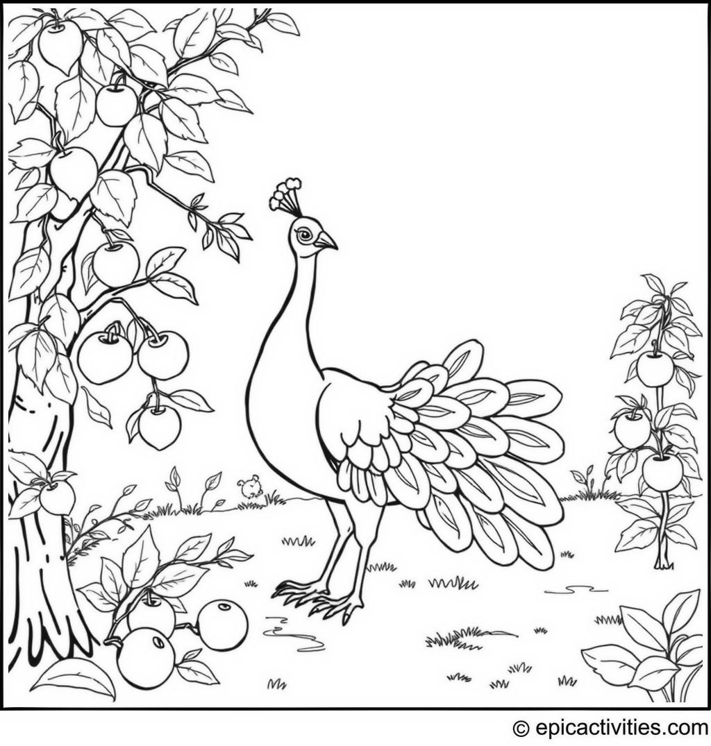 Coloring page of a Cartoon Peacock Picking Apples
