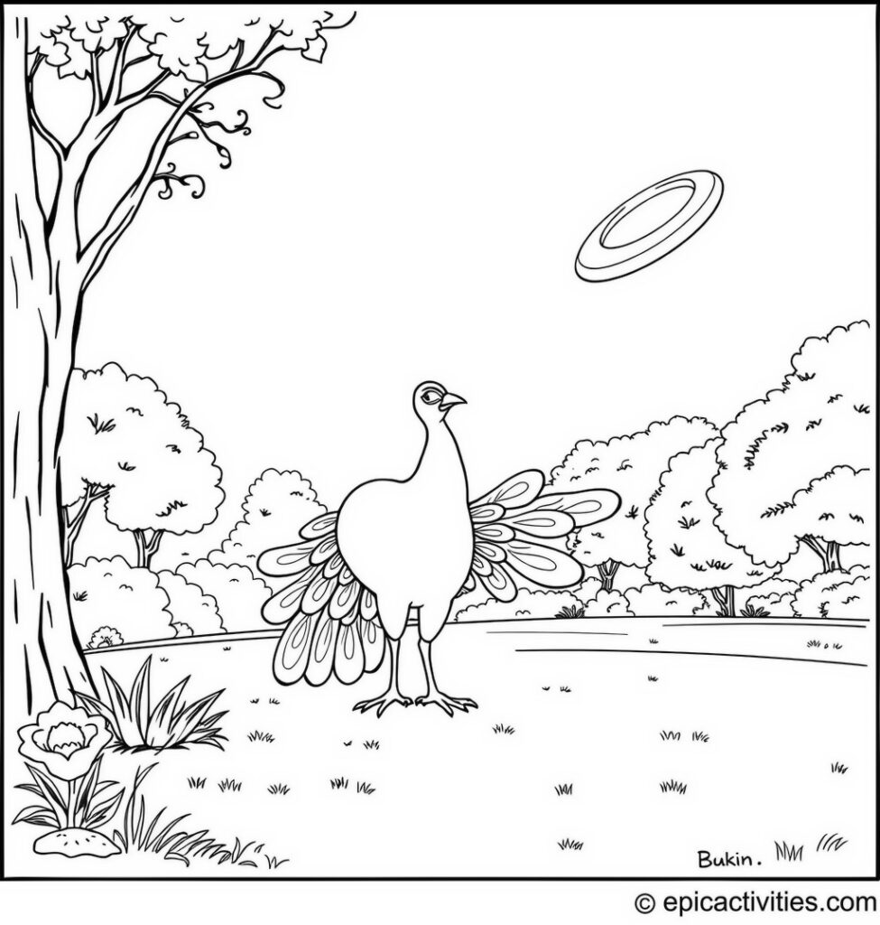 Coloring page of a Cartoon Peacock Playing Frisbee in the Park