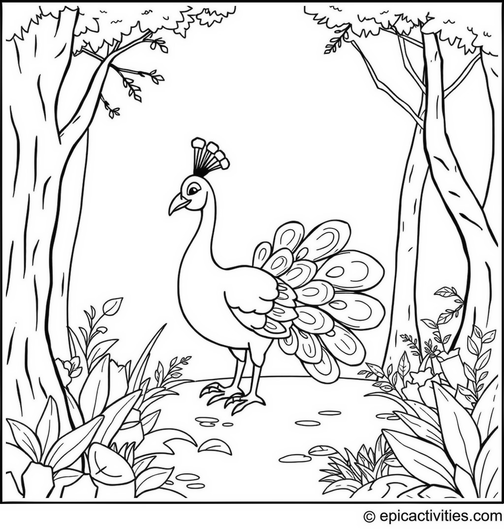 Coloring page of a Cartoon Peacock Playing Hide and Seek in a Forest