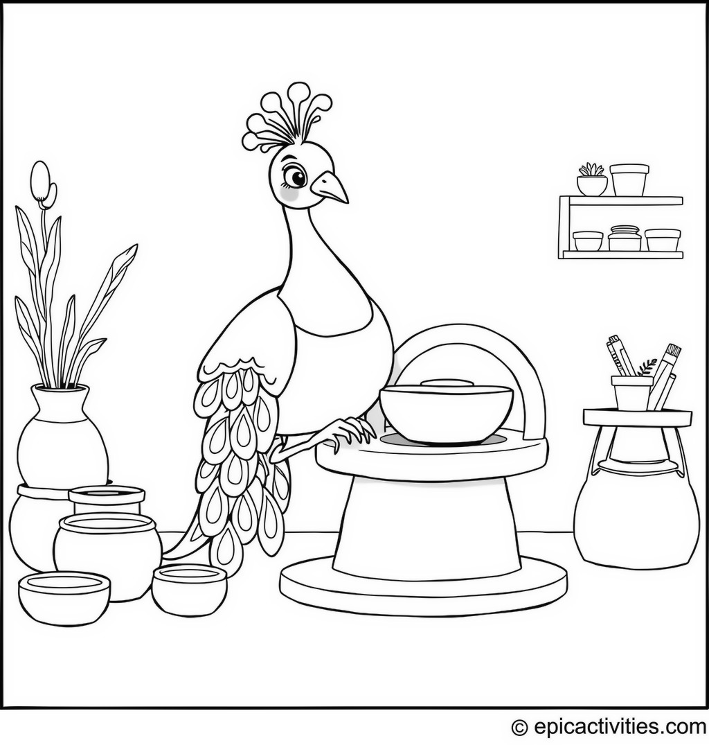 Coloring page of a Cartoon Peacock Pottery Studio Scene