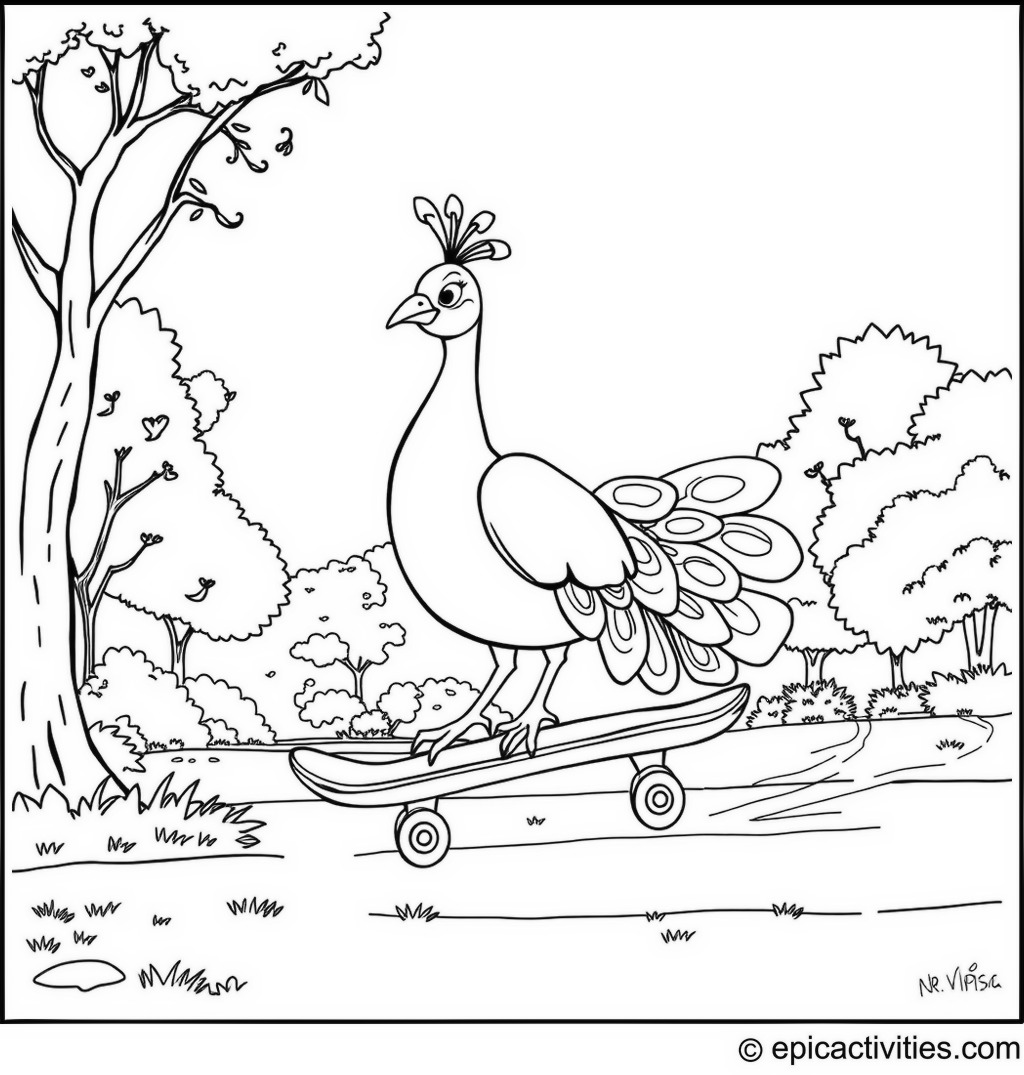 Coloring page of a Cartoon Peacock Riding a Skateboard in the Park