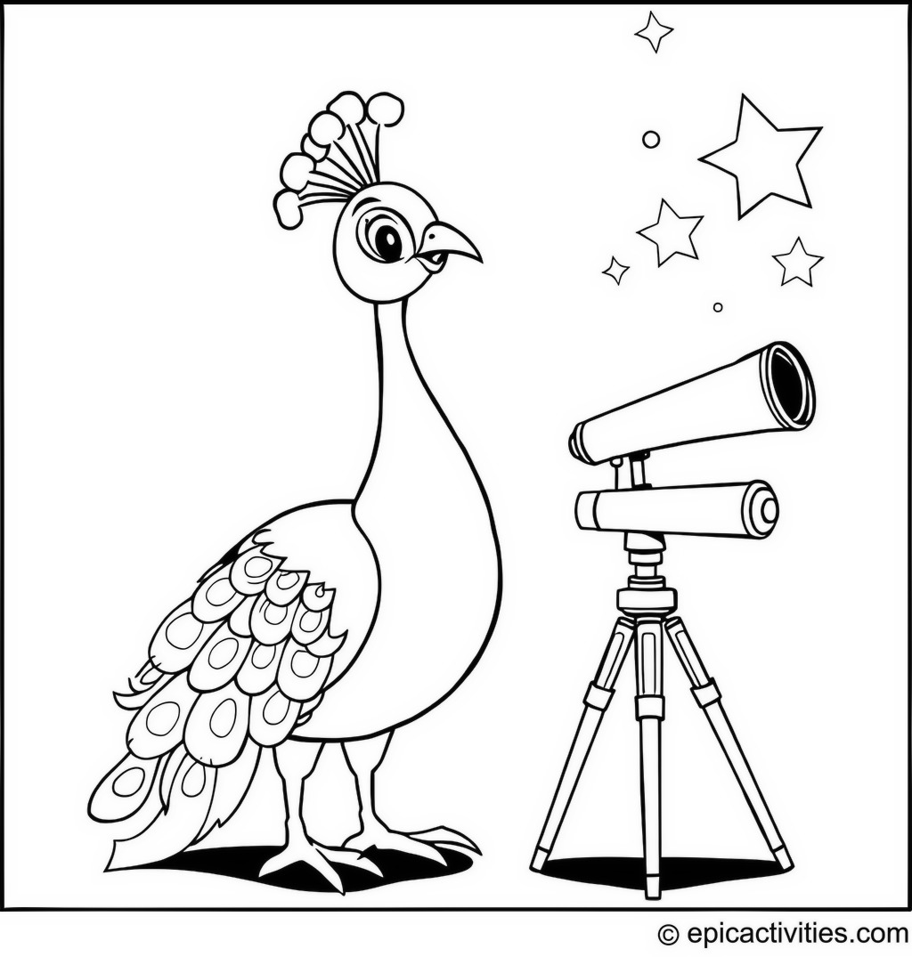 Coloring page of a Cartoon Peacock Using a Telescope to Look at the Stars