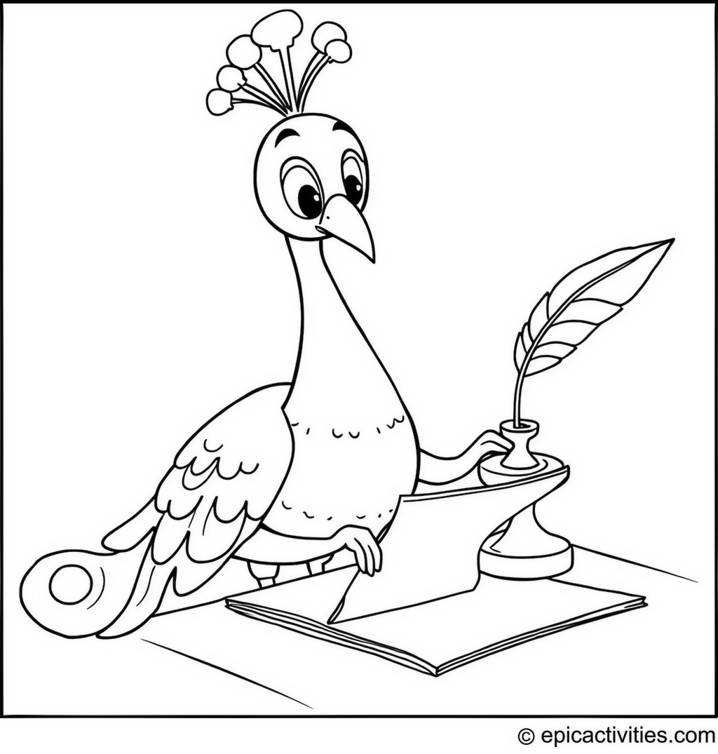 Coloring page of a Cartoon Peacock Writing a Letter