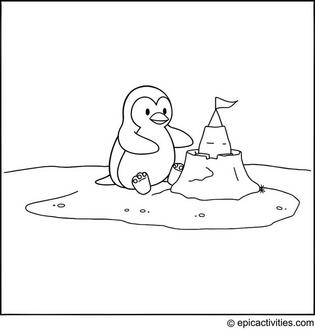 Coloring page of a Cartoon Penguin Building a Sandcastle on a Snowy Beach