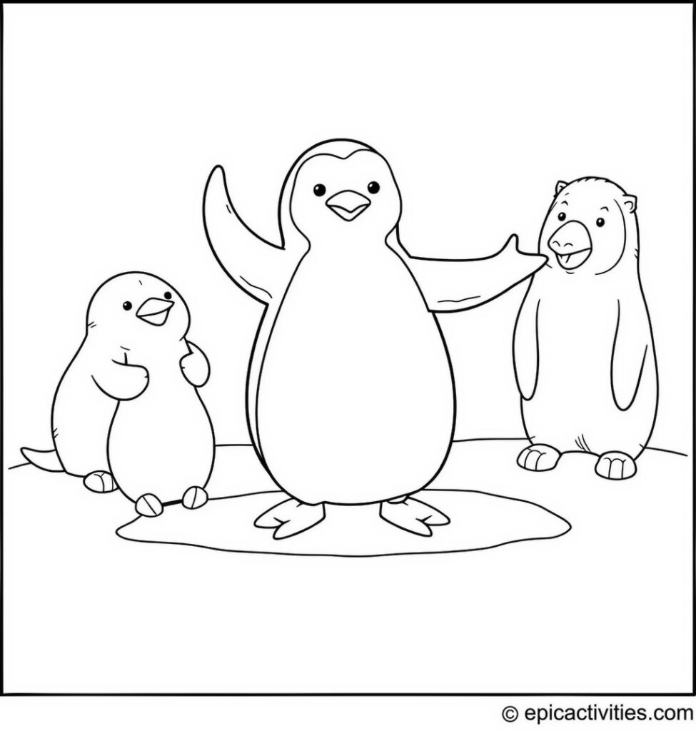 Coloring page of a Cartoon Penguin Doing Yoga with Arctic Animals