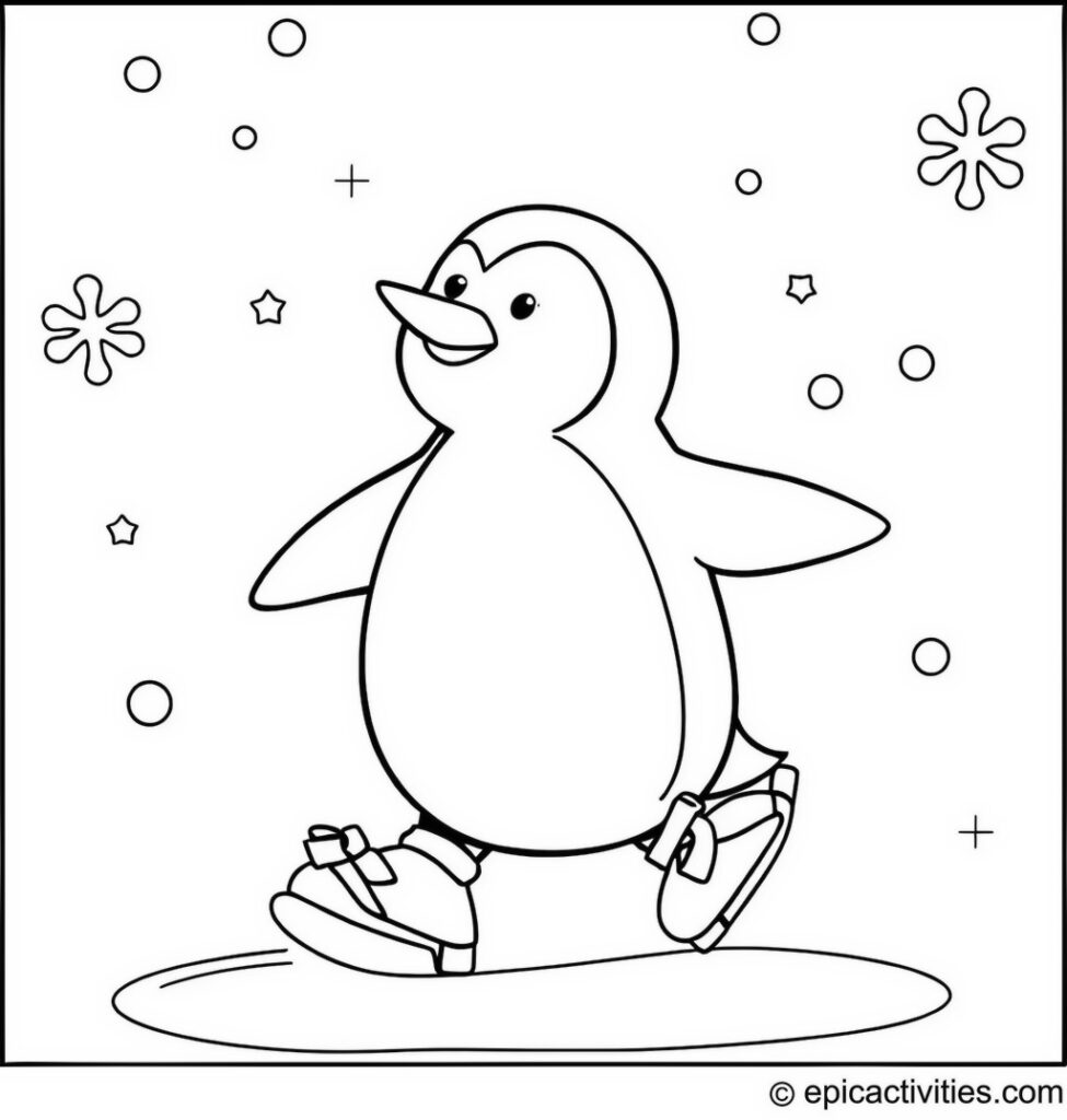 Coloring page of a Cartoon Penguin Ice Skating in a Snowy Scene