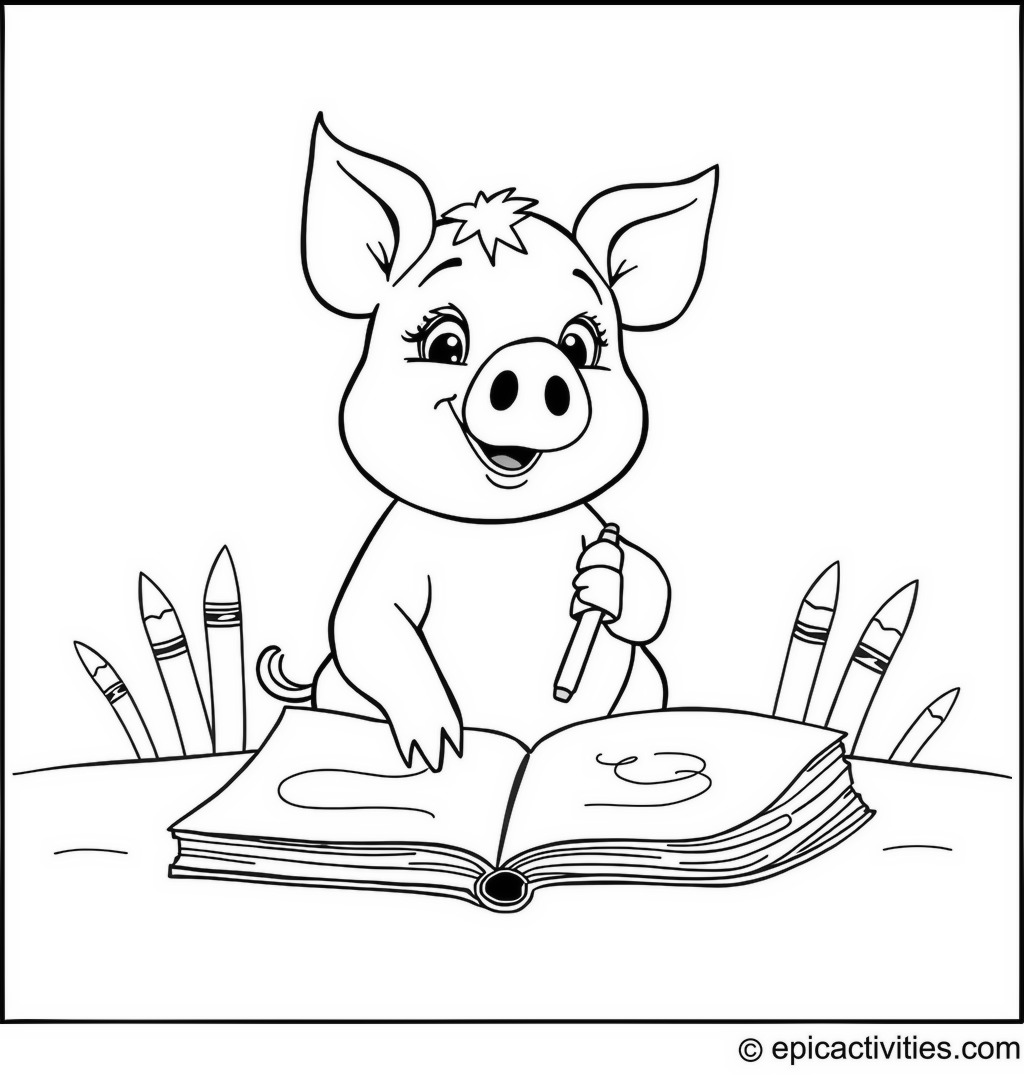 Coloring page of a Cartoon Pig Coloring in a Giant Coloring Book