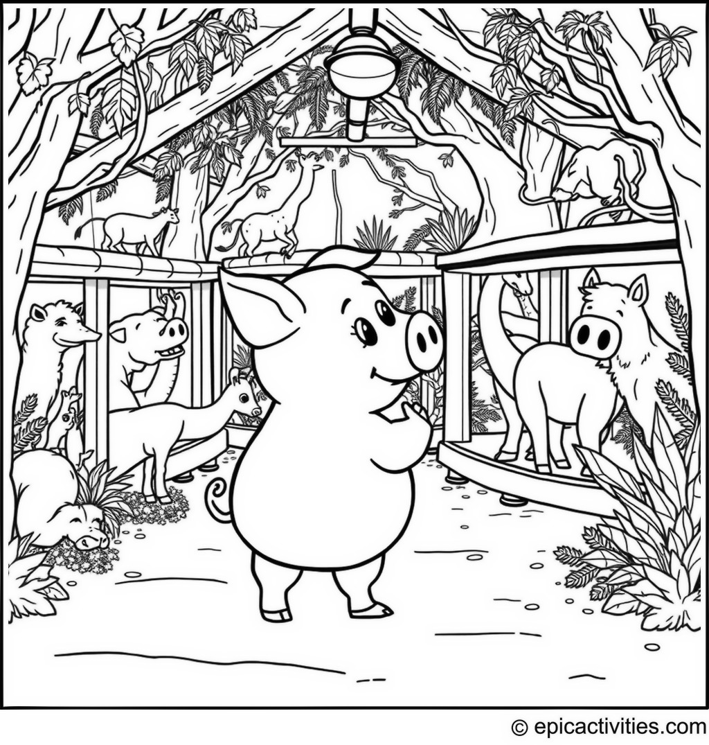Coloring page of a Cartoon Pig Exploring the Zoo