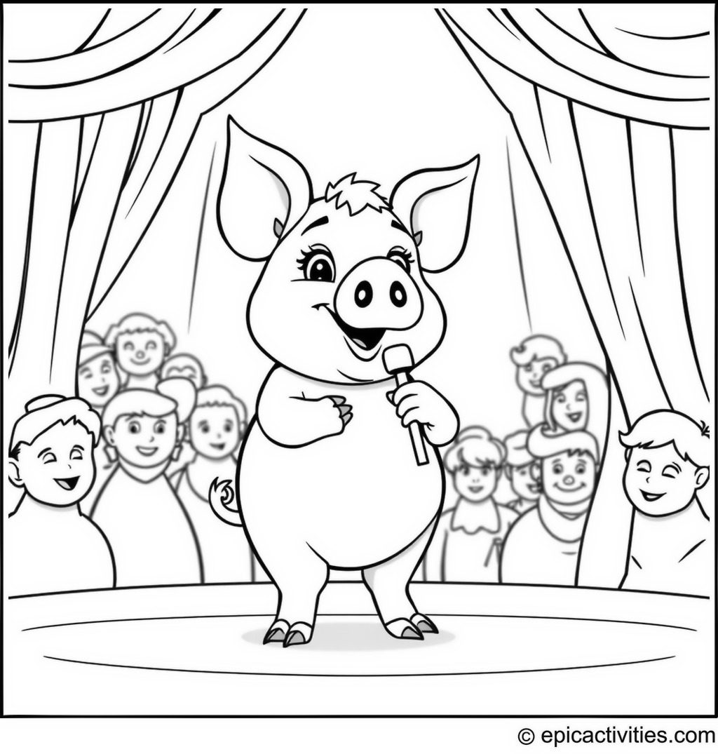 Coloring page of a Cartoon Pig Giving a Speech at an Animal Talent Show