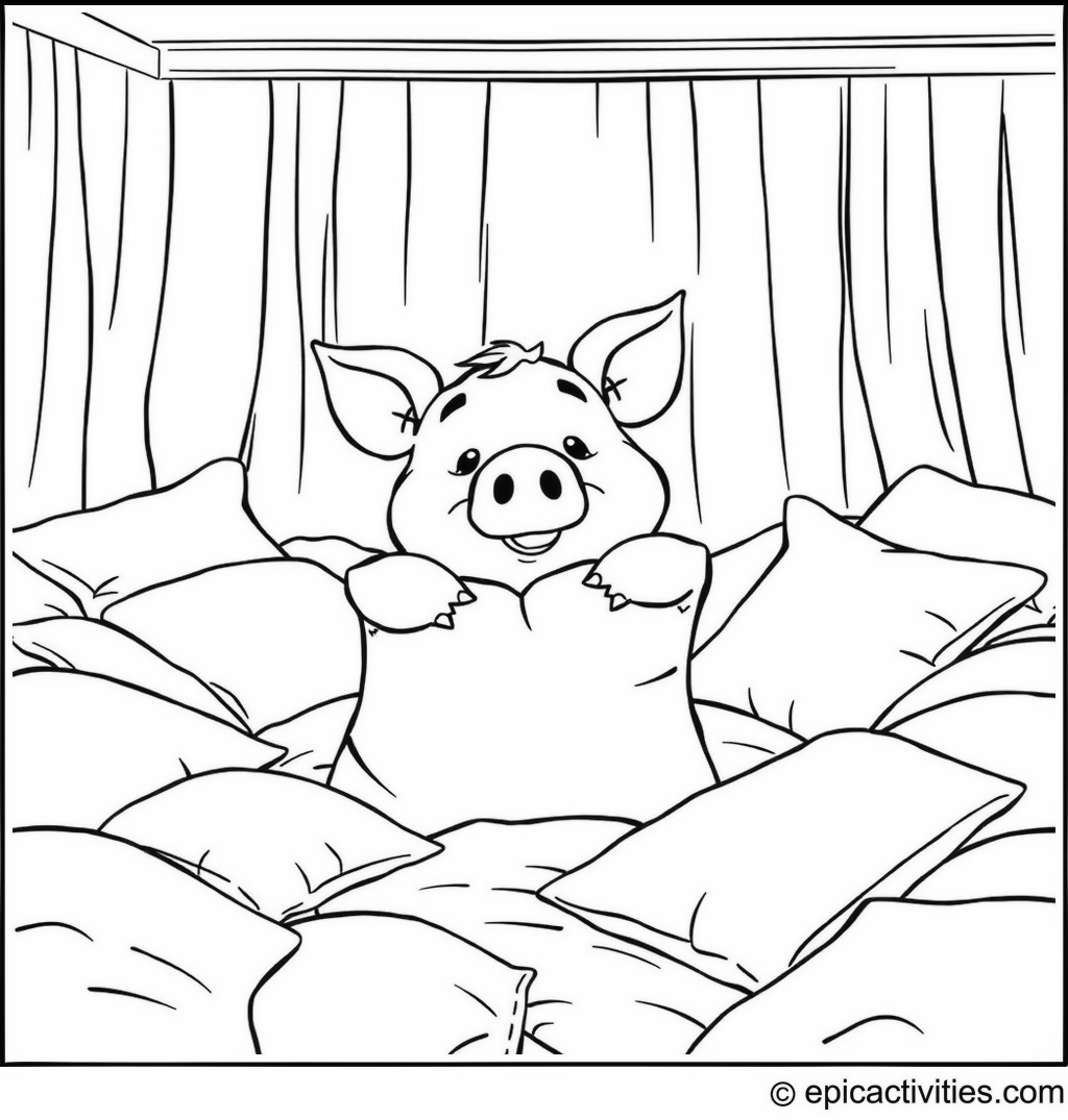 Coloring page of a Cartoon Pig Having a Pillow Fight
