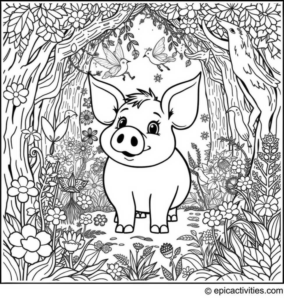 Coloring page of a Cartoon Pig in a Detailed Magical Forest with Fairies, Unicorns, and Magical Plants