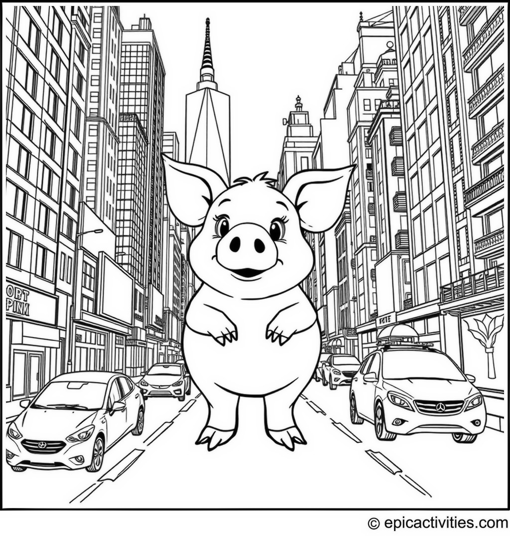 Coloring page of a cartoon pig in a detailed cityscape