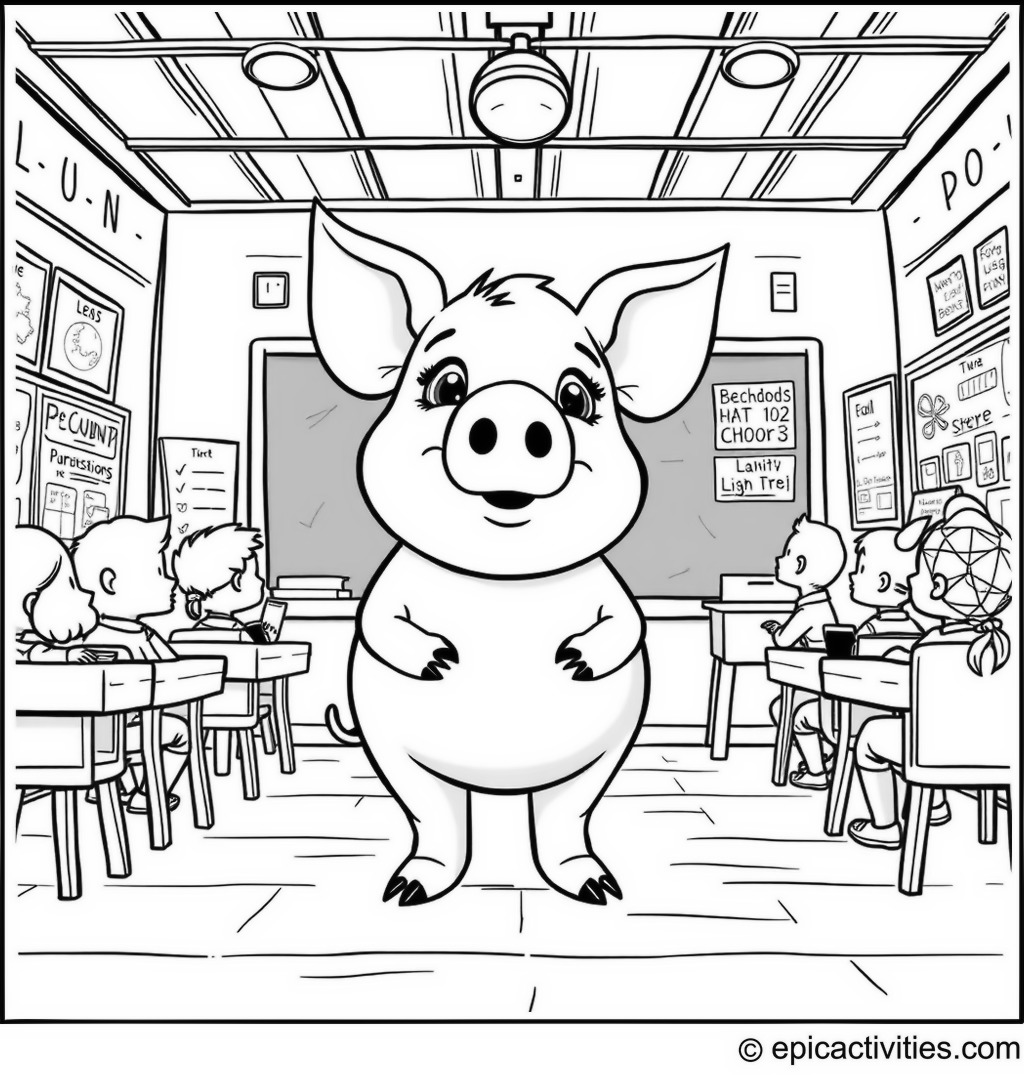 Coloring page of a Cartoon Pig in a Detailed Classroom Setting