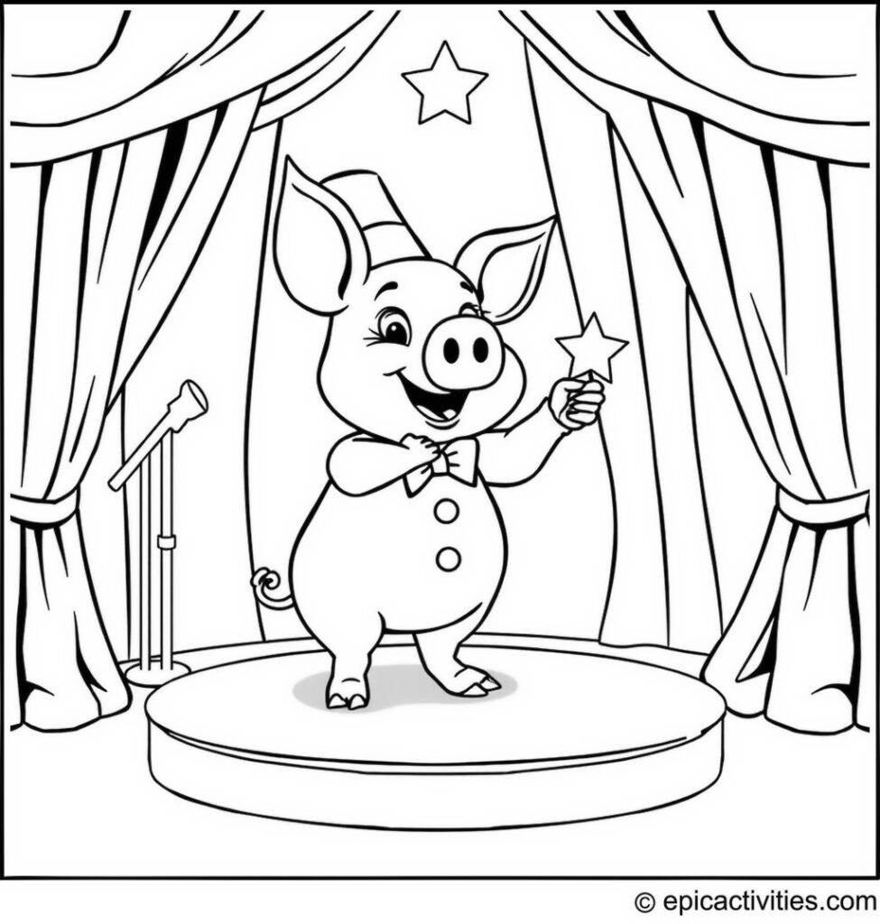 Coloring page of a Cartoon Pig Performing Magic Tricks