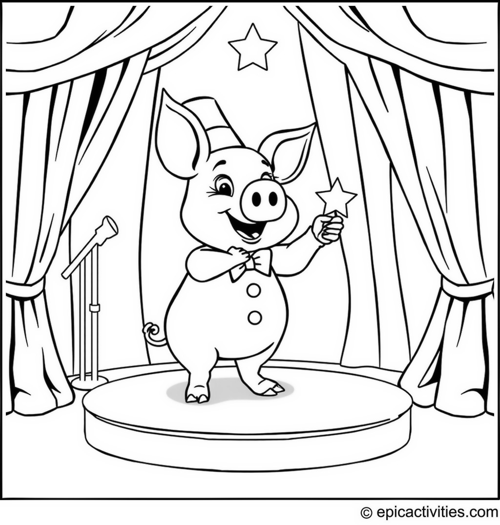 Coloring page of a Cartoon Pig Performing Magic Tricks