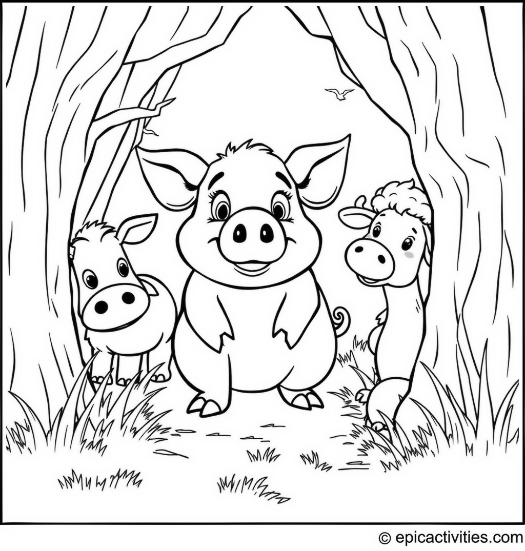 Coloring page of a Cartoon Pig Playing Hide and Seek with Farm Animals