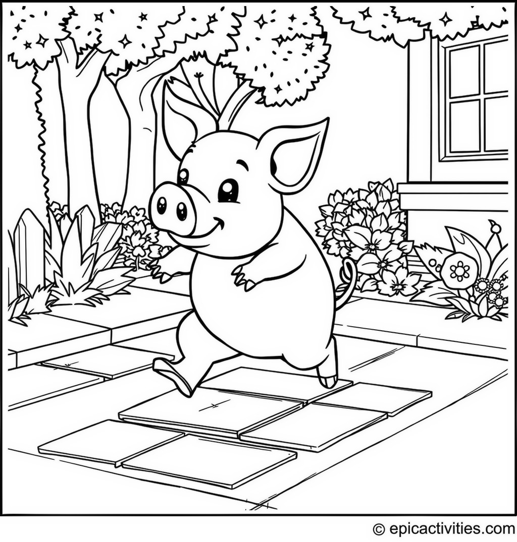 Coloring page of a cartoon pig playing hopscotch on a colorful sidewalk