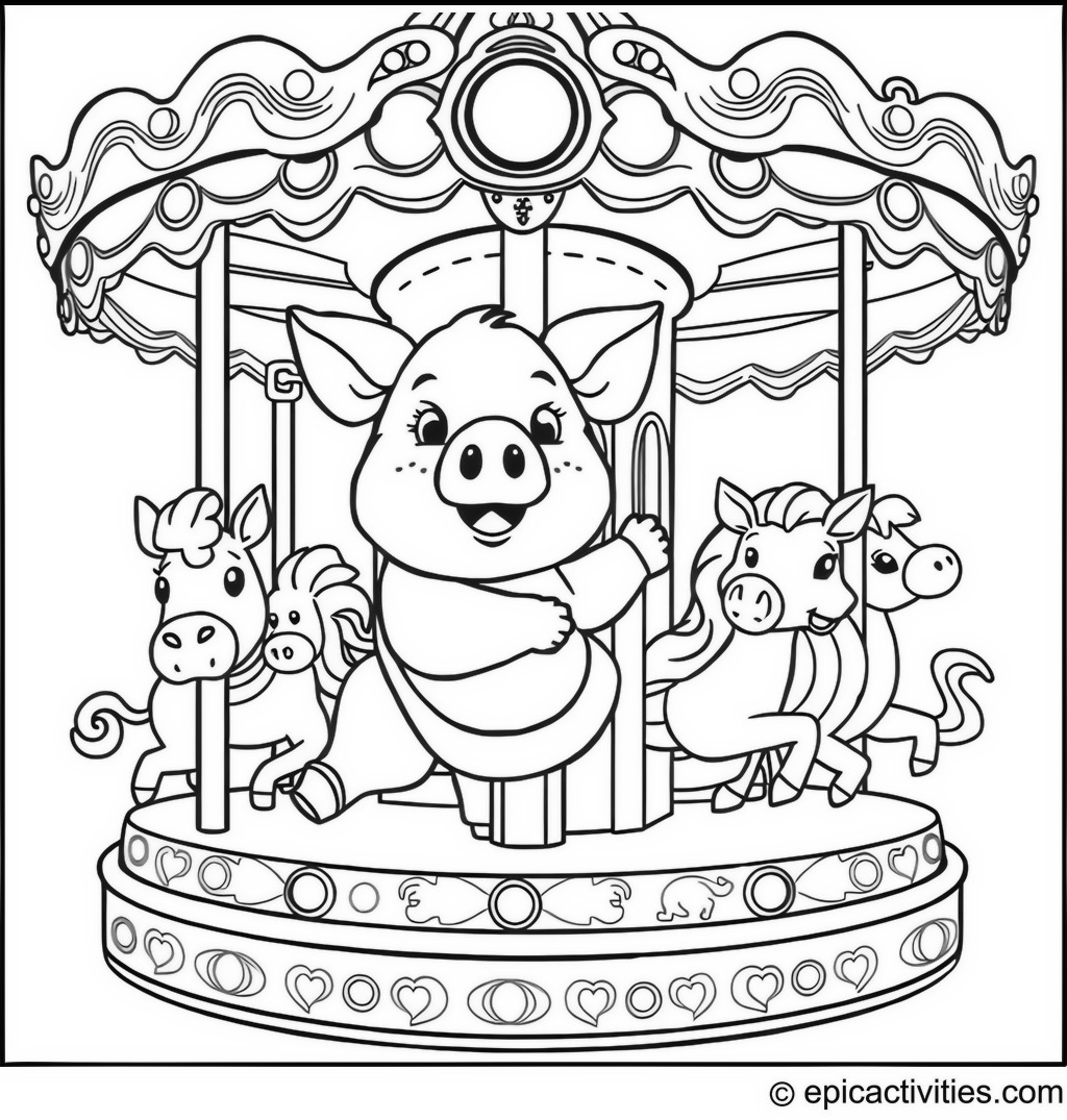 Coloring page of a cartoon pig riding a carousel with other adorable animals