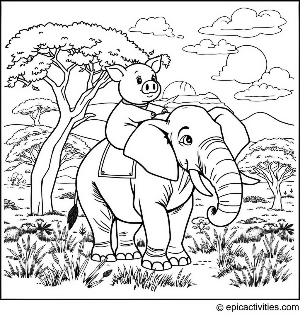 Coloring page of a cartoon pig riding an elephant in a savannah landscape