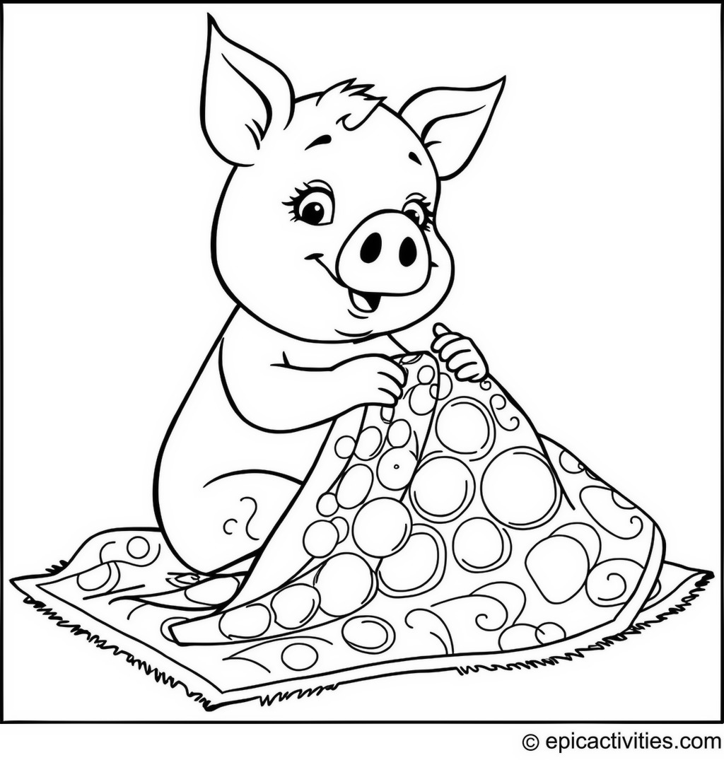 Coloring page of a Cartoon Pig Sewing a Quilt with Bright, Patterned Fabrics