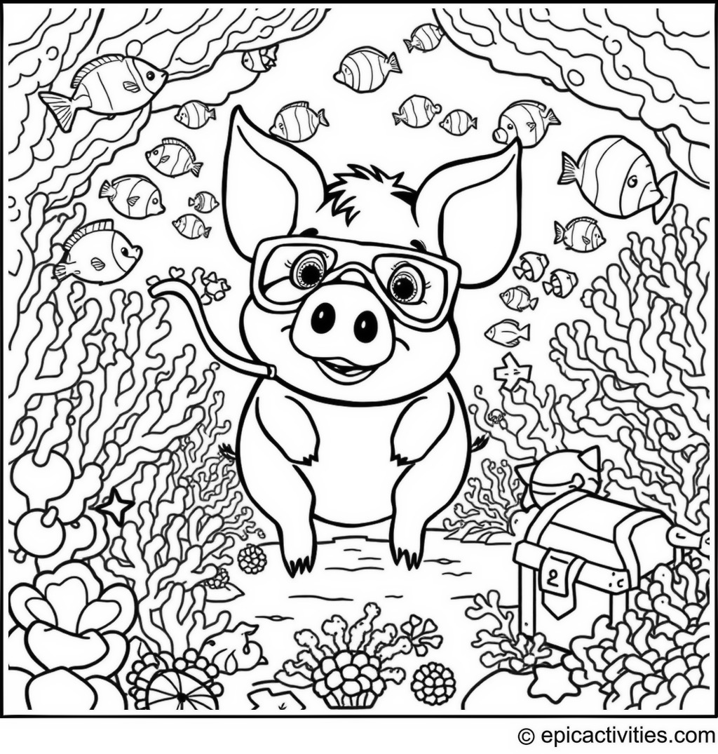 Coloring page of a Cartoon Pig Snorkeling in an Underwater Adventure