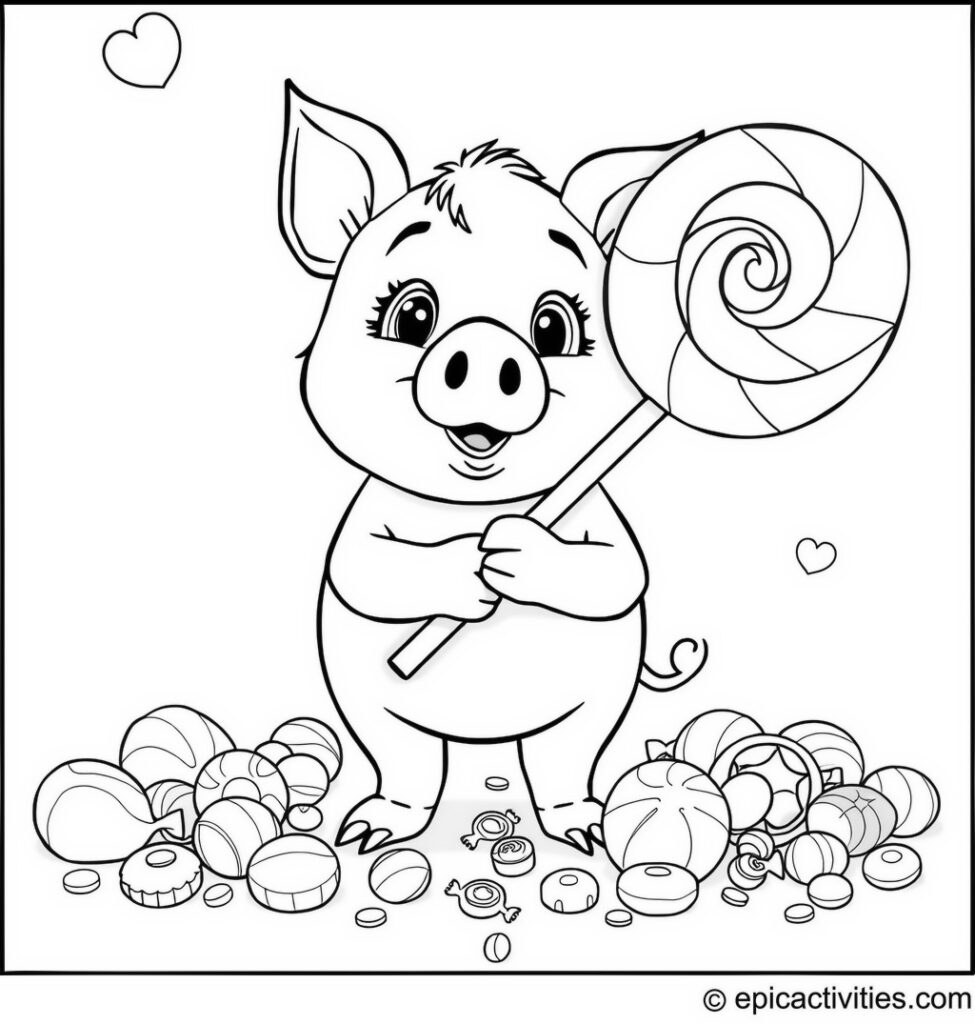 Coloring page of a Cartoon Pig with a Giant Lollipop and Sweets