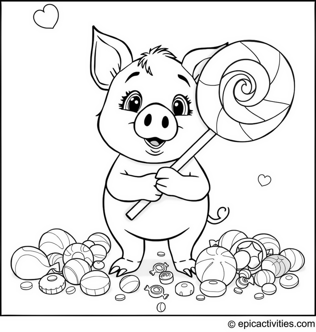 Coloring page of a Cartoon Pig with a Giant Lollipop and Sweets