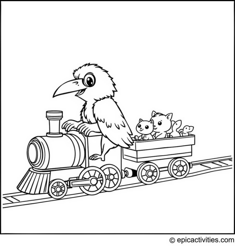 Coloring page of a Cartoon Raven Driving a Toy Train with Tiny Animal Passengers