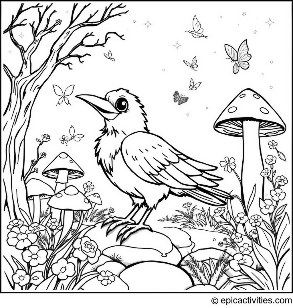 Coloring page of a cartoon raven exploring a magical fairyland