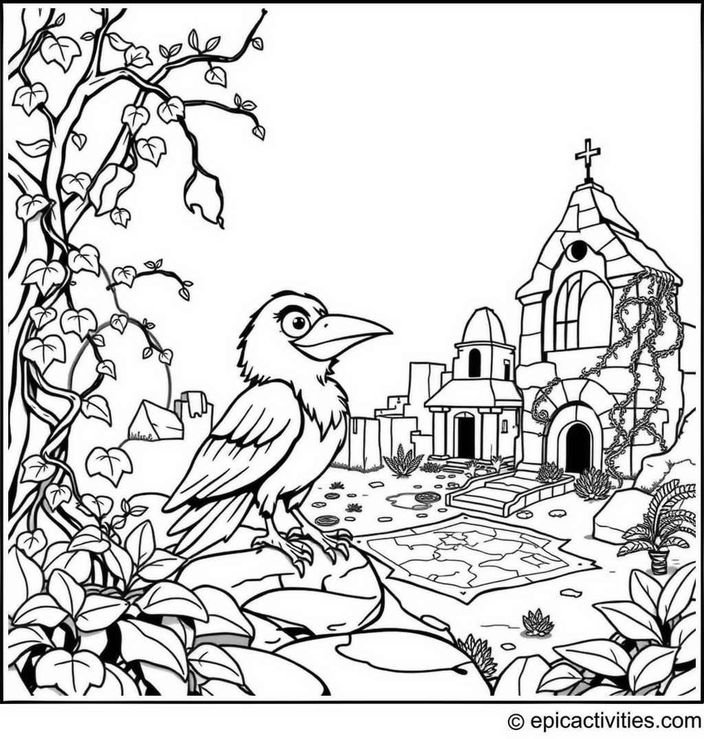 Coloring page of a Cartoon Raven Exploring Ancient Ruins with a Treasure Map