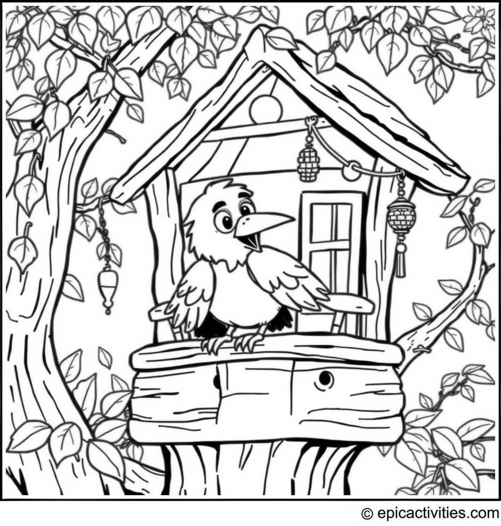 Coloring page of a Cartoon Raven in a Treehouse