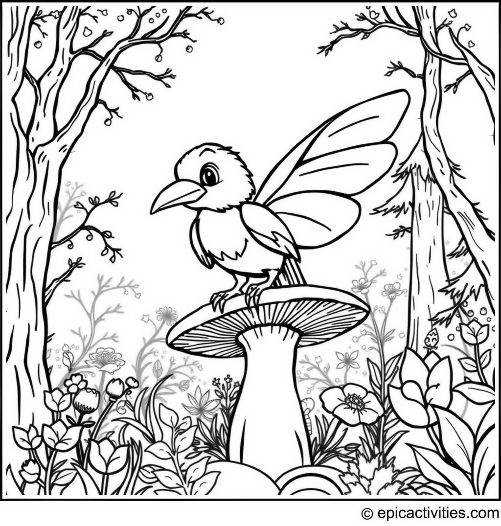 Coloring page of a Cartoon Raven with Fairy Wings Perched on a Mushroom